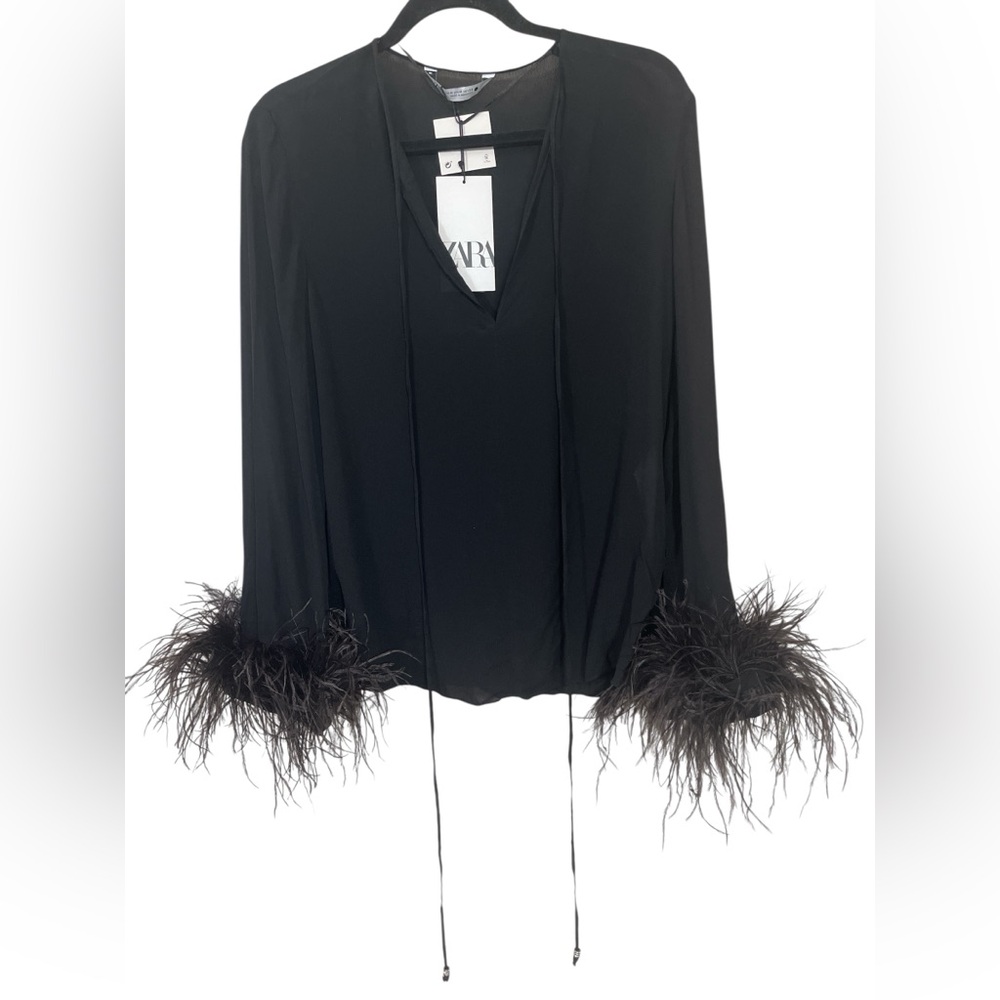 Zara Luxe Black Long Sleeve Chiffon Blouse with Feather Cuffs  Luxury - Picture 3 of 5
